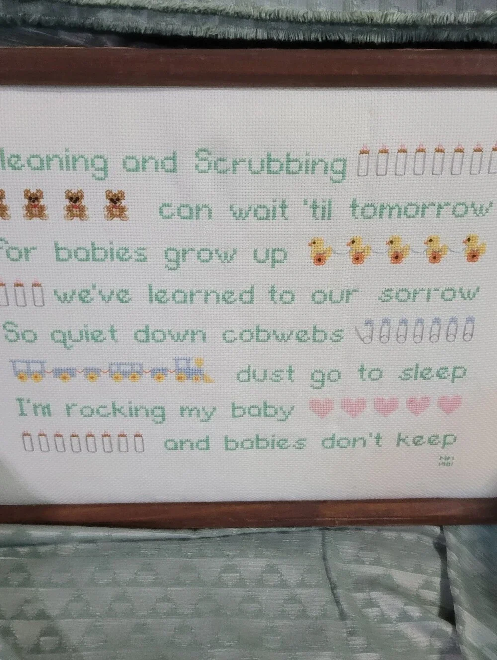 Vintage Framed Handmade Cross-Stitch Baby Lyrics Wall Art in Green and Pink